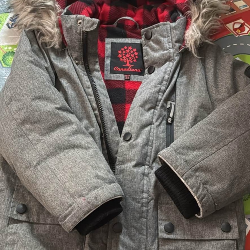 La CANADIENNE Gray and Red Puffer Jacket with Hood